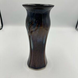 Signed Bill Campbell Studio Pottery Vase Iridescent Blue Brown Glaze 7.5"